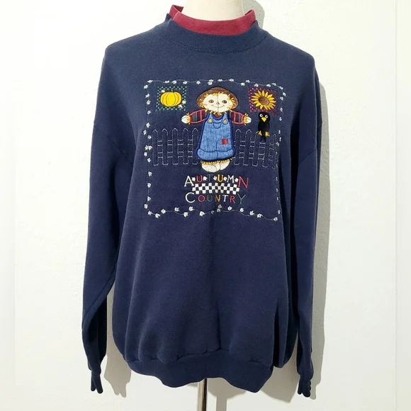 Vintage Pleasant Shade Autumn Country Scarecrow Fall Sweatshirt Sz L Made In USA - Picture 2 of 11